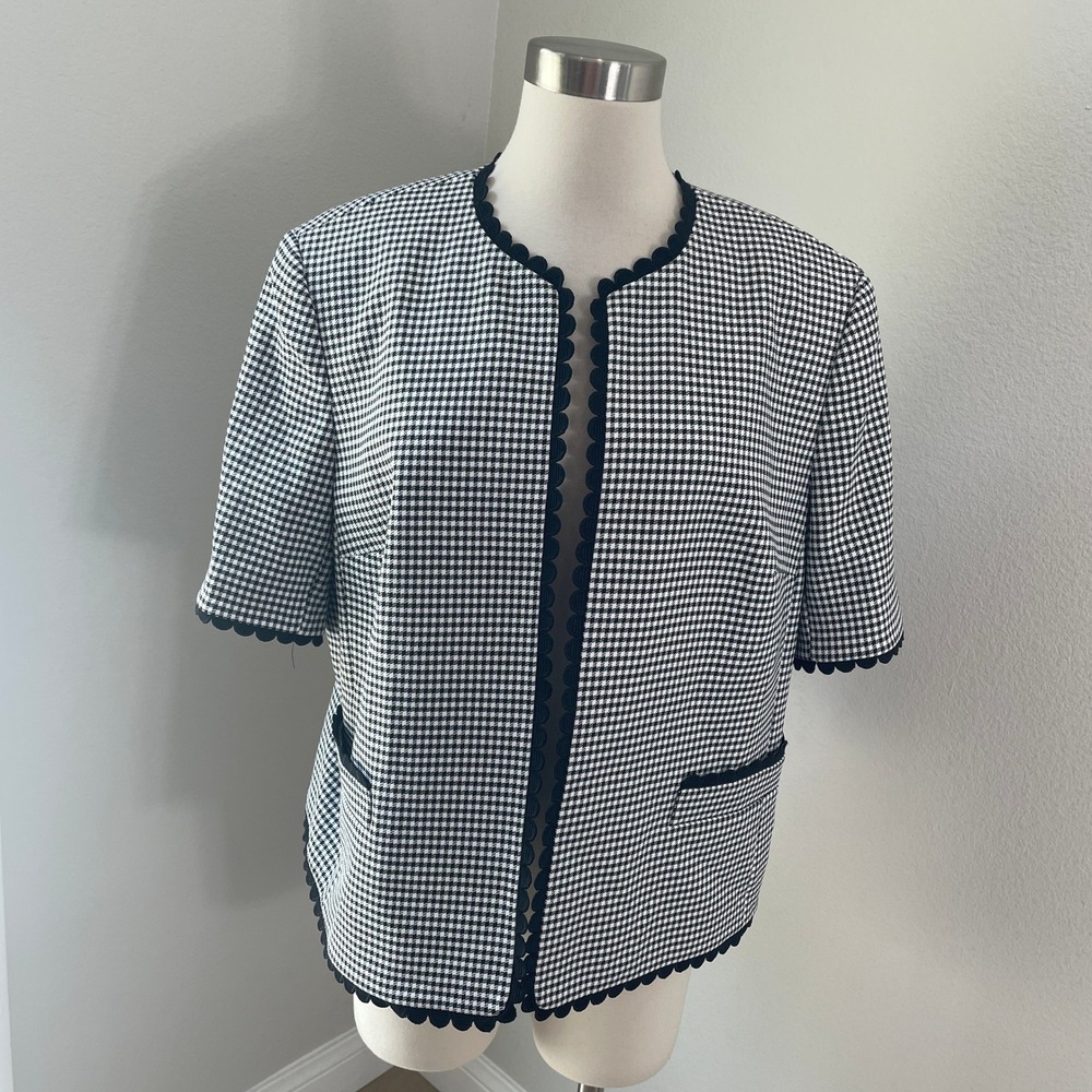 NEW Kasper Womens 18 Houndstooth Scalloped Trim Open Jacket Lily White Black